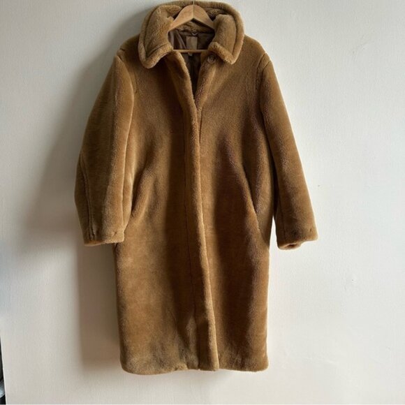 H&M Sz M Tan Brown Long Relaxed Button Front Faux Fur Coat - Picture 3 of 15